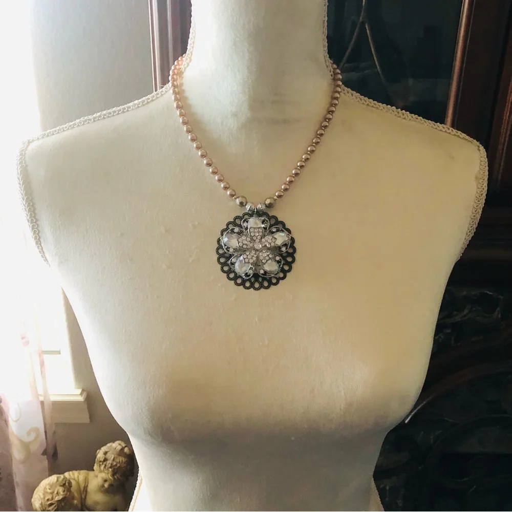 Handcrafted repurpose floral stone filigree pendant Czech glass Pearl necklace